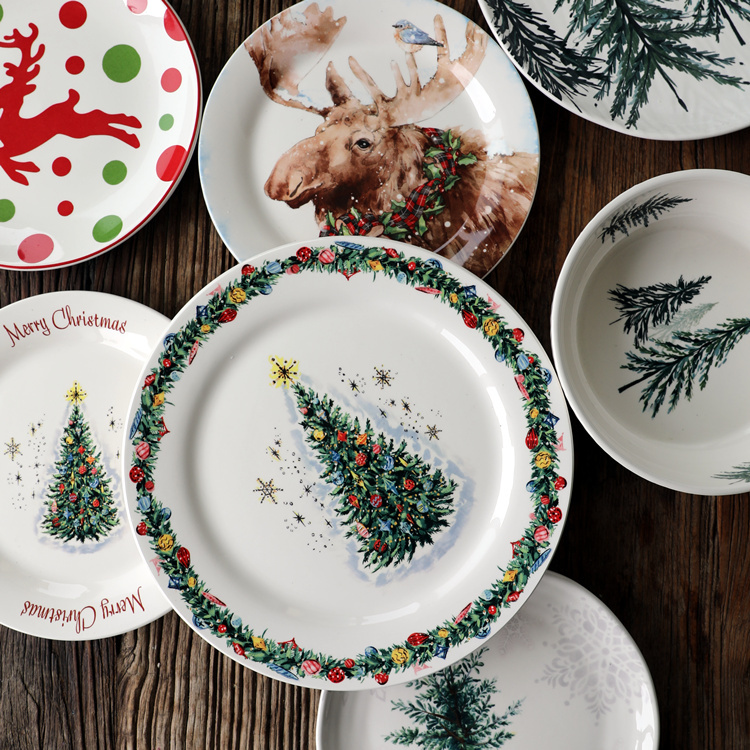 新しいクリスマスシリーズは米国に輸出セラミック食器大小プレートフラットプレートディーププレートヘラジカクリスマスツリーパターン食器|undefined
