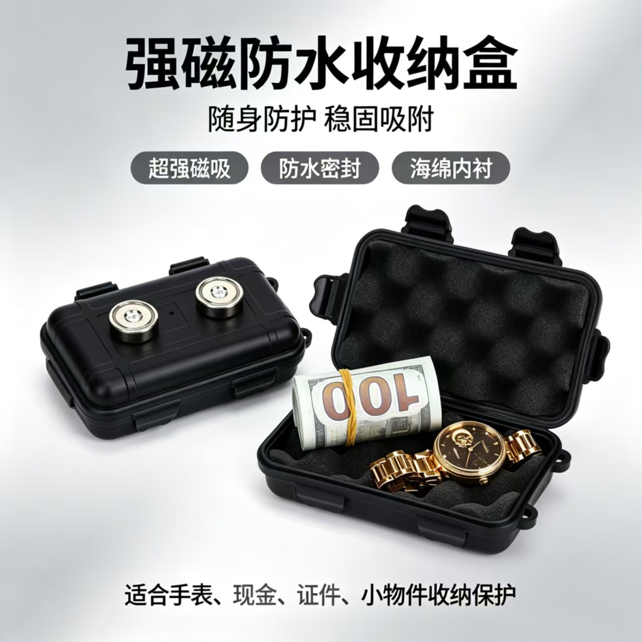Double-strength magnetic waterproof tool box, car portable storage box with built-in foam pad, valuables storage box, key storage box