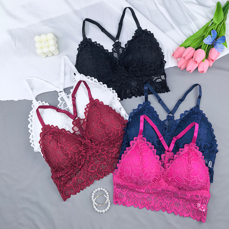 bordado de encaje transfronterizo chaleco bras francés sexy envuelto en el pecho base sin anillo de acero para limpiar el pecho ropa interior de mujer