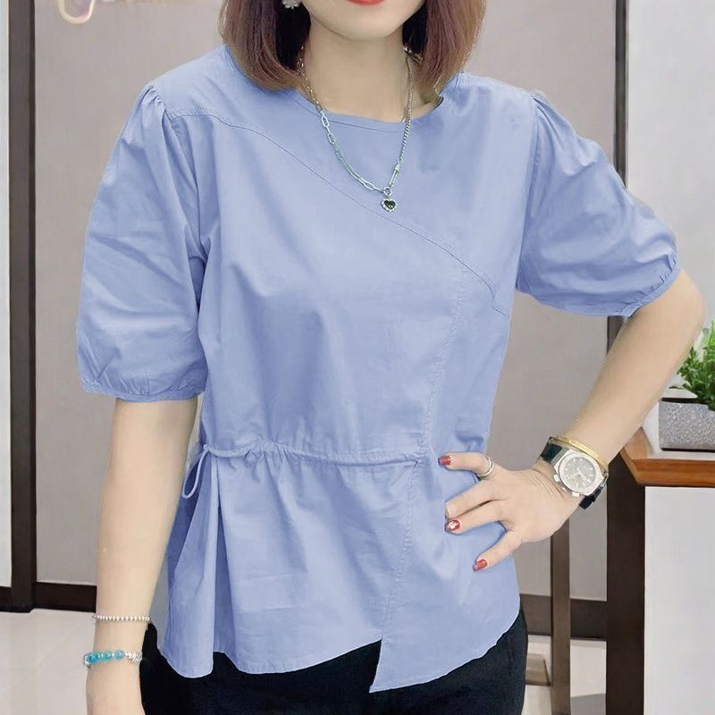 Pure Cotton Thin Elastic Waist-Cinching Shirt, New Summer Style, Fashionable and Elegant Short-Sleeved Top with Irregular Design for Women