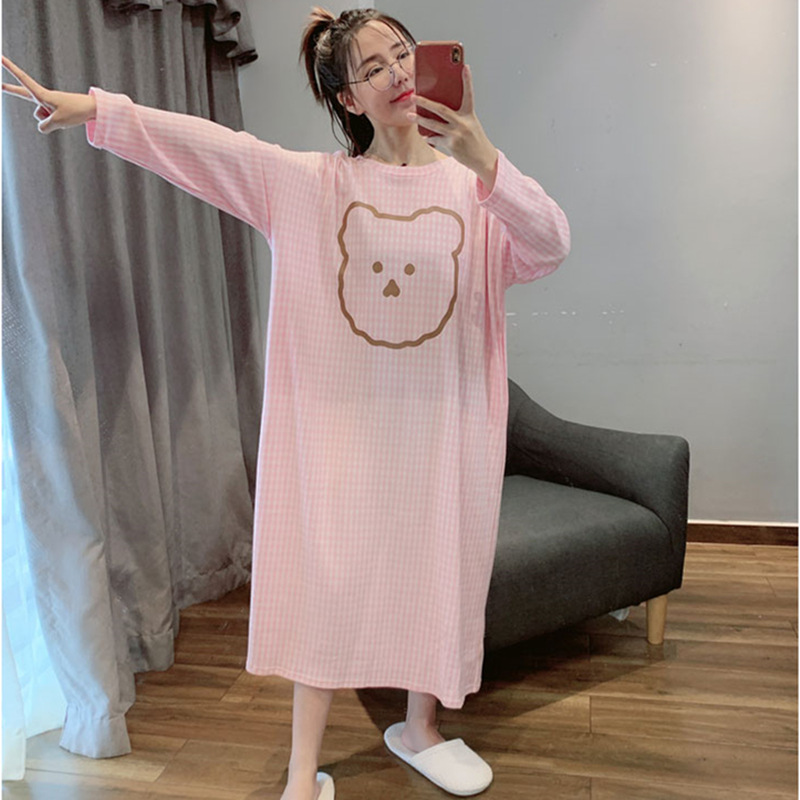 Dibujos animados Rosa oso a rayas nuevo pijama de primavera largo de las mujeres de dibujos animados Rosa oso a rayas camisón de longitud media delgada manga larga