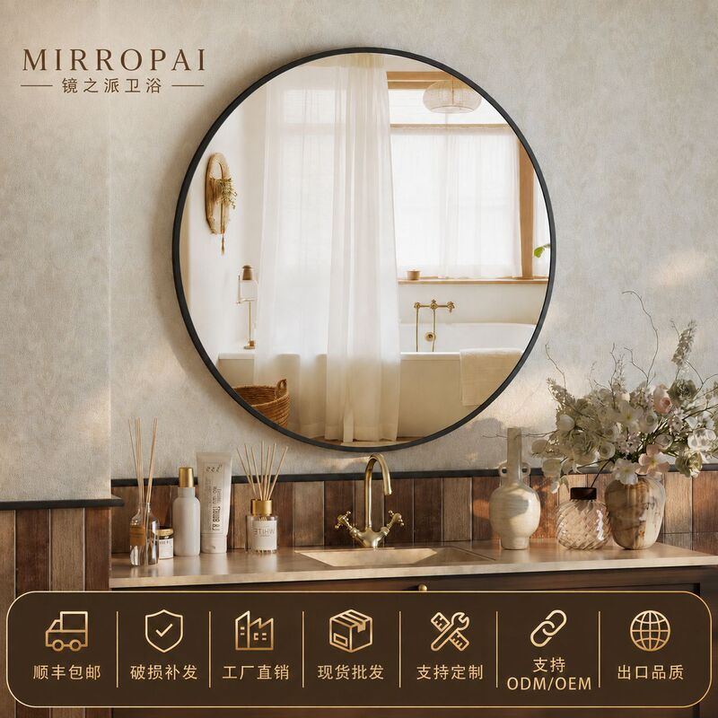 Simple Ins-Style Bathroom Mirror, Round Glass Mirror for Washroom, Wall-Mounted, No-Drill Installation, Bathroom Mirror Simple Ins-Style Bathroom Mirror, Round Glass Mirror for Washroom, Wall-Mounted, No-Drill Installation, Bathroom Mirror