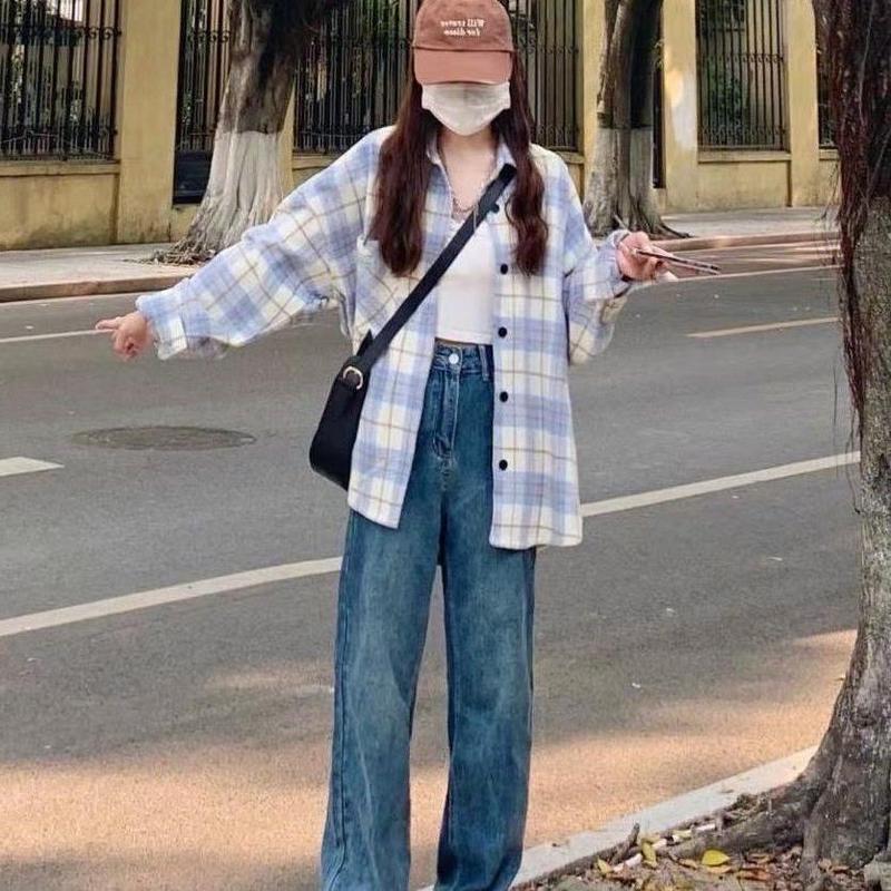春秋新作の青い格子のシャツのコートの女性の香港風の小さい大衆はカップルのシャツのins潮の学生の上着を設計します。|undefined