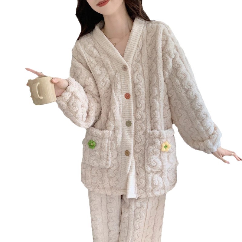 秋冬新款居家服女提花毛绒家居服女秋冬珊瑚绒睡衣可外穿开衫套装|undefined