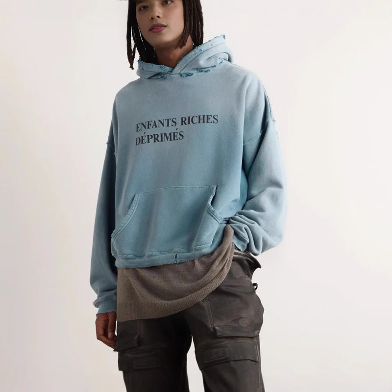 High Version ERD Melancholy Rich Second Generation Letter Gradient Blue Loose High Street Washed Old American Hooded Sweatshirt High Version ERD Melancholy Rich Second Generation Letter Gradient Blue Loose High Street Washed Old American Hooded Sweatshirt