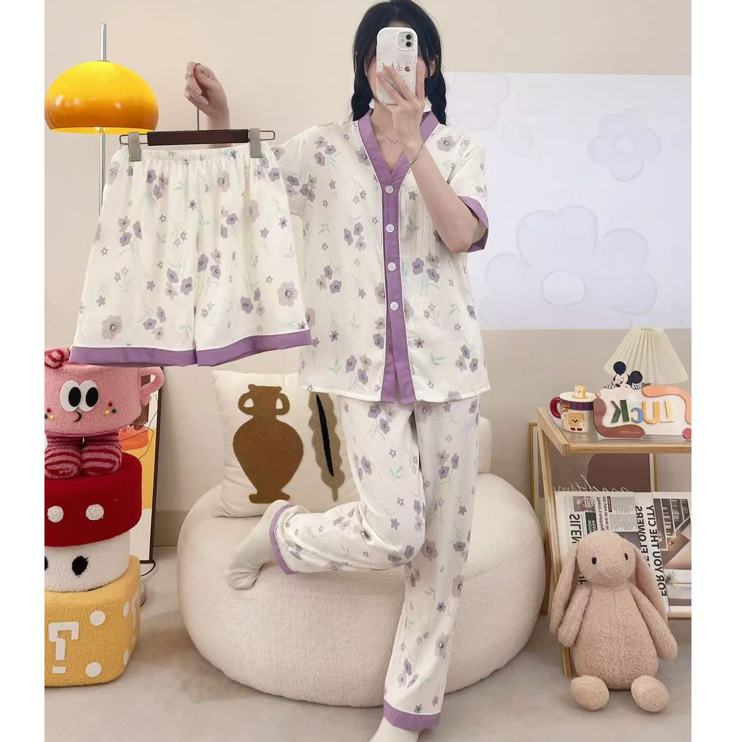 Pijamas de algodón de nube de amor dulce a cuadros de dopamina para mujer verano nuevo estilo pantalones de manga corta ropa a domicilio traje de tres piezas