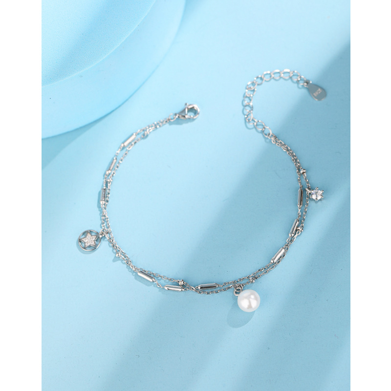 925 plata esterlina perla estrella doble capa pulsera de las mujeres Luz de verano lujo nicho niñas exquisita pulsera regalo para novias