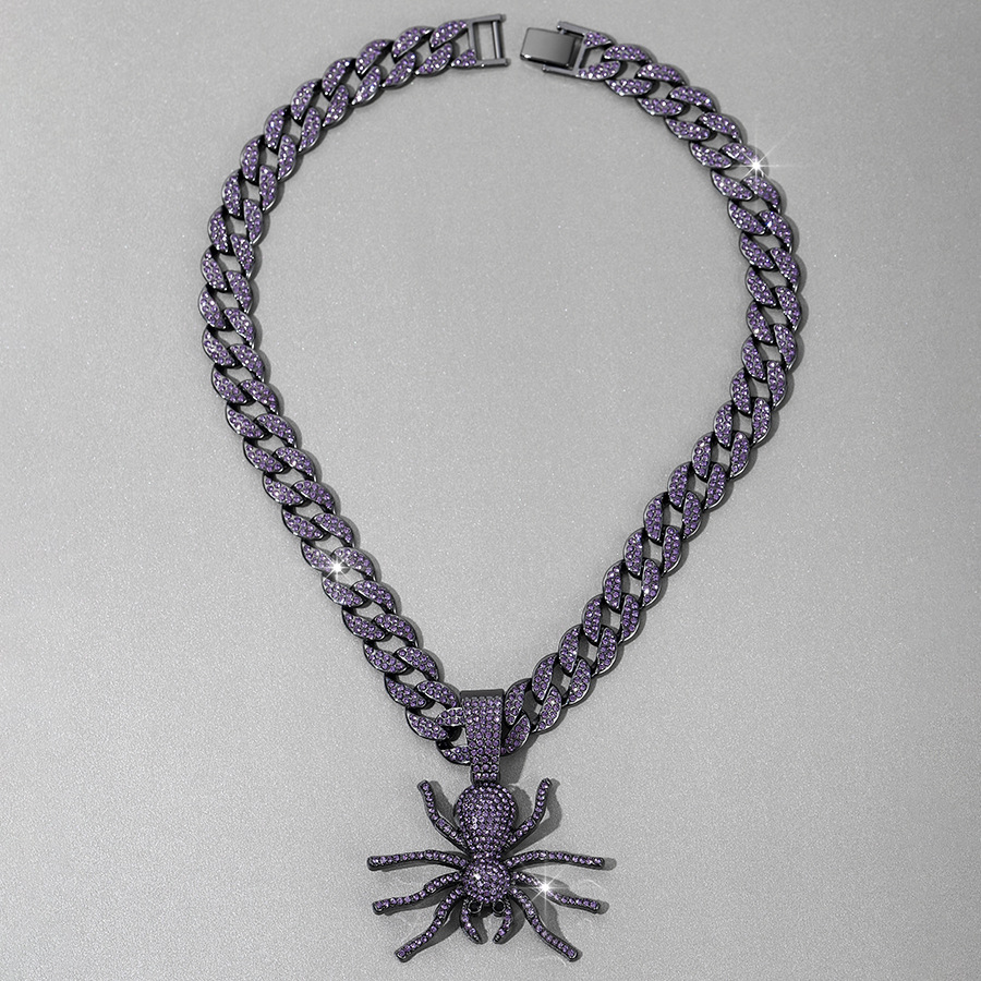 Ciondolo ragno con strass viola creativo e alla moda, collana cubana, gioielli hip-hop rap con personalità di nicchia_voghion.com