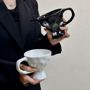 High-End Hammered Handmade Hourglass Cup Couple Gift Fresh and Cute Bow Art Ceramic Cup Gift