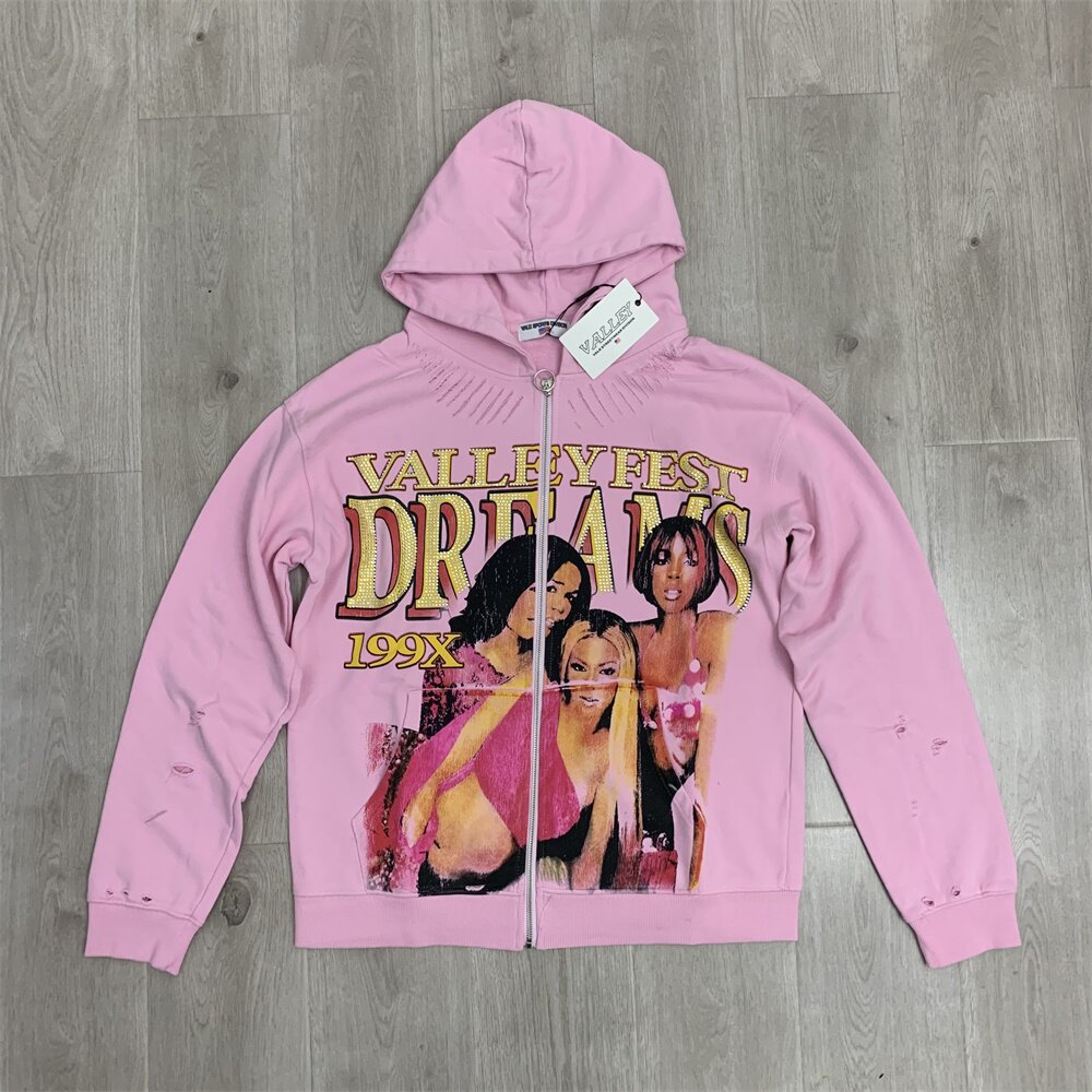 Vale DREAM VALLEY Zip Up Hoodie, a pink cardigan sweatshirt with rhinestone embellishments, featuring a distressed and ripped design