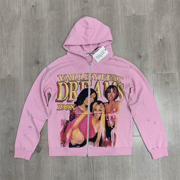 Vale DREAM VALLEY Zip Up Hoodie, a pink cardigan sweatshirt with rhinestone embellishments, featuring a distressed and ripped design