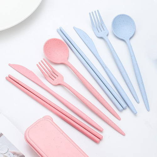 Portable tableware set of wheat straw knife, fork, spoon, chopsticks for students and office workers, four-piece set as a gift, factory wholesale