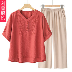 天糸麻セット女性刺繍半袖tシャツ2025夏の新しい中年の母親はズボンの上着を2着着着ている