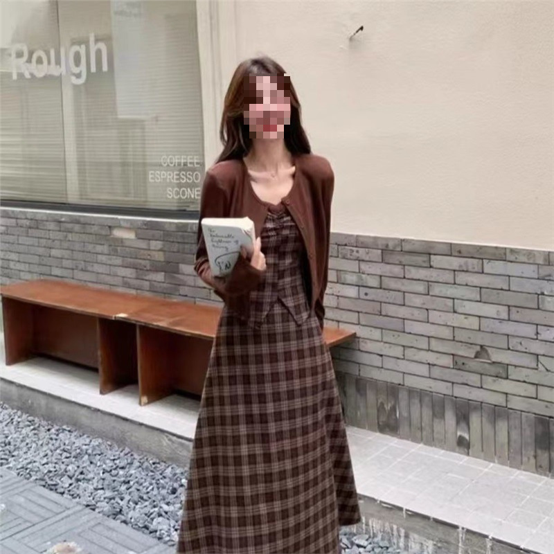 Plaid Suit Autumn Yage Three-Piece French Plaid New Style 5 Suspender Skirt Cardigan Fashion 2024