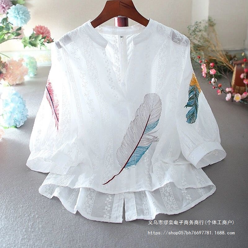 Summer Loose Cotton Lace V-Neck Embroidered Floral High-Waisted Short Front Long Back Lantern Sleeve Blouse for Women Summer Loose Cotton Lace V-Neck Embroidered Floral High-Waisted Short Front Long Back Lantern Sleeve Blouse for Women