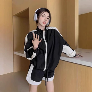 韩版防晒运动套装女夏季宽松高级感户外跑步登山服外套短裤两件套