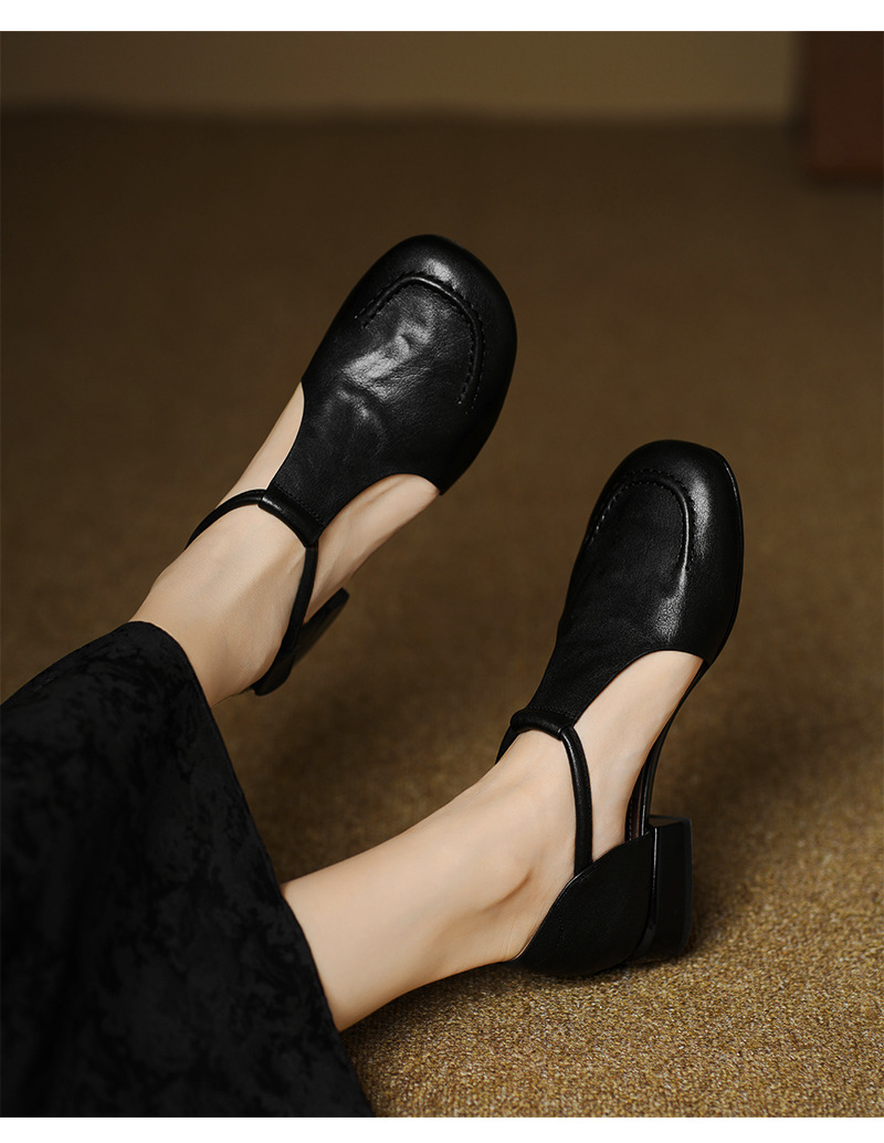 Dép sandal nữ quai ngang mũi tròn đế bằng da bò phong cách retro — màu nâu chi tiết 10