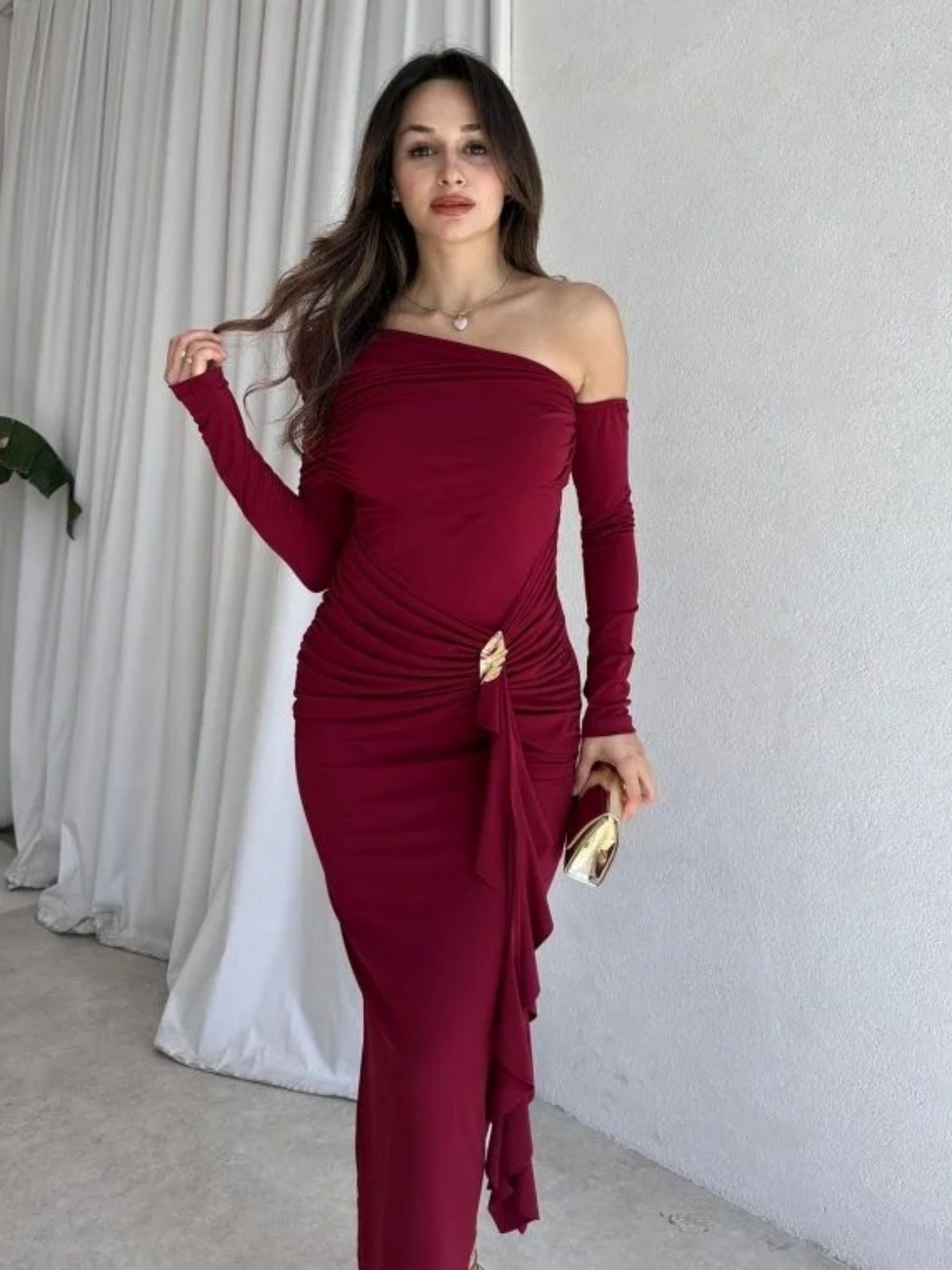 Women Asymmetrical One Shoulder Solid Color Long Sleeve High Waist Bodycon Sexy Hip Wrapped Ruched Party Evening Dress_ecoleips.com