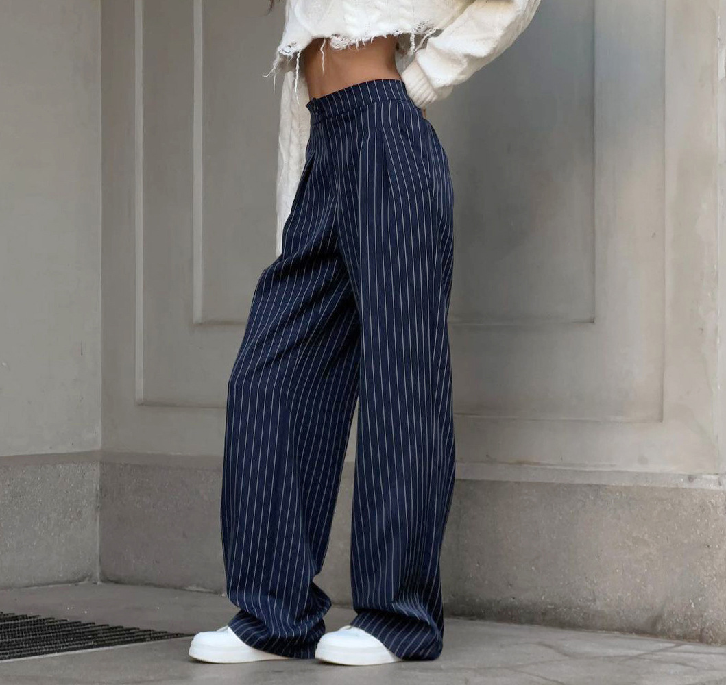 315g Weight Full Length Pants Length Spandex, Polyester Fabric Type High Waist Waist Line Casual Pants Pants Type Inelastic Elasticity Daily Occasion Regular Fit Fit Type Stripe Pattern Summer, Spring, Autumn Season Women's Gender Pocket Design Simple Style Style Women's Daily Simple Style Stripe Full Length Pocket Casual Pants 1
