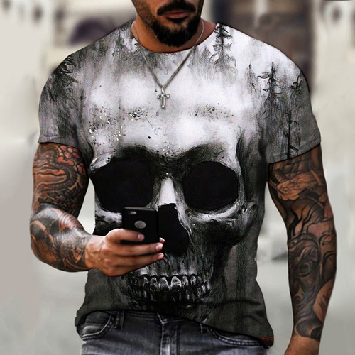 Summer New Print T-shirt Round Neck Short Sleeve Men Cross-border Digital Dark Horror Skull 3D Printed Dots