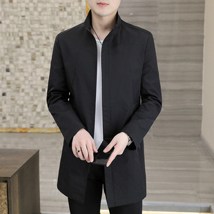 British Style Stand Collar Men's Clothing 2025 Spring New Men's Mid-Length Windbreaker Slim Casual Pure Color Jacket