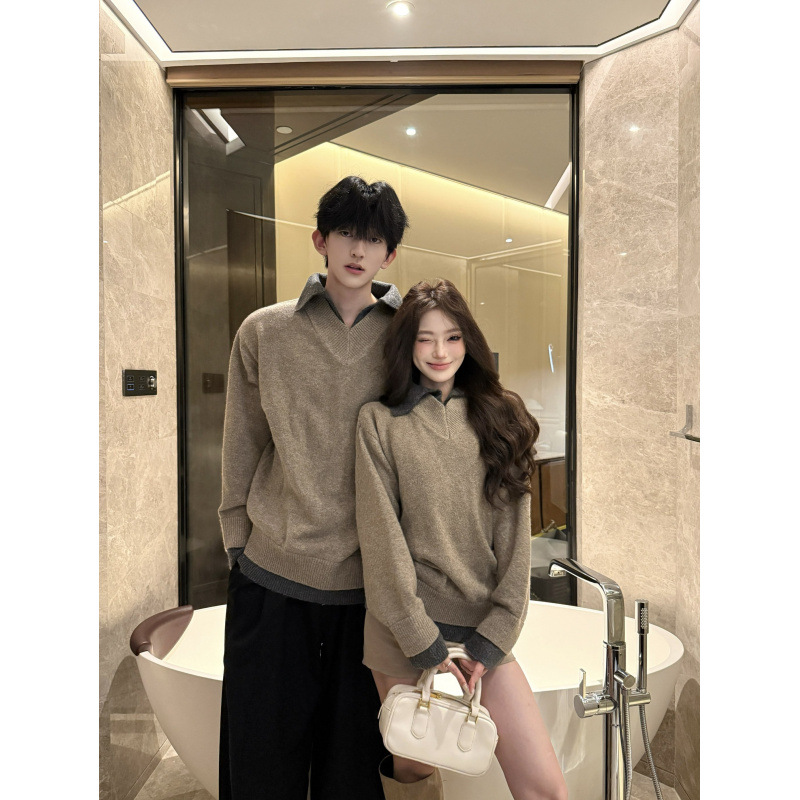2025情侣装实拍情侣装假两件翻领男女同款宽松复古休闲加厚毛衣