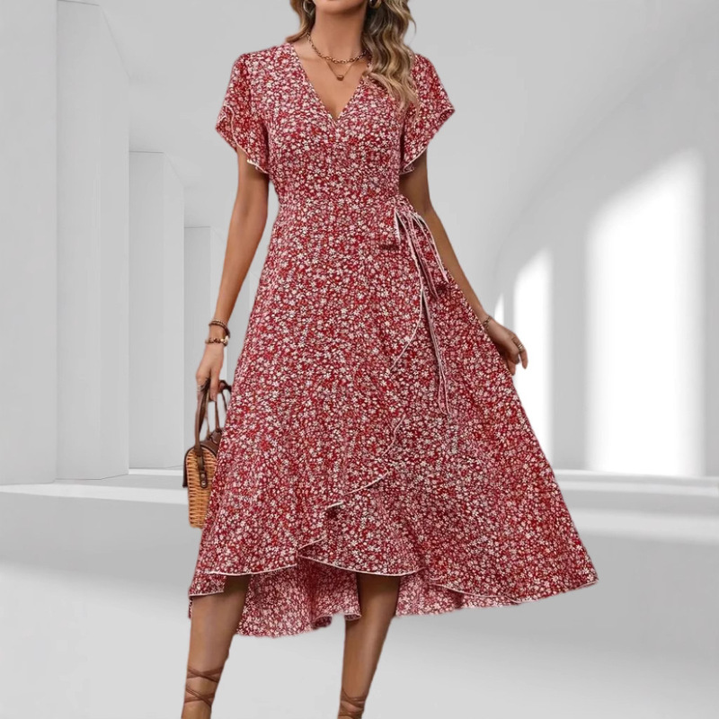 European and American Amazon Summer Cross-Border Floral New Holiday Short-Sleeved Elegant Waist V-Neck Wrap Dress European and American Amazon Summer Cross-Border Floral New Holiday Short-Sleeved Elegant Waist V-Neck Wrap Dress