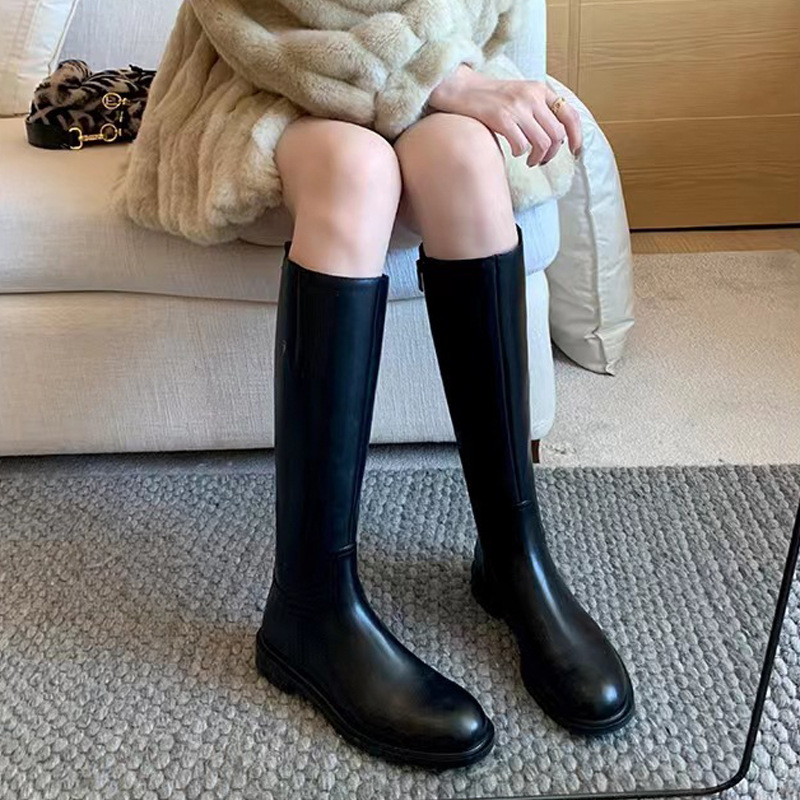 Uva mamá otoño e invierno nuevo europeo y americano simple punta redonda tacón grueso cremallera lateral moda botas altas mujeres Caballero botas