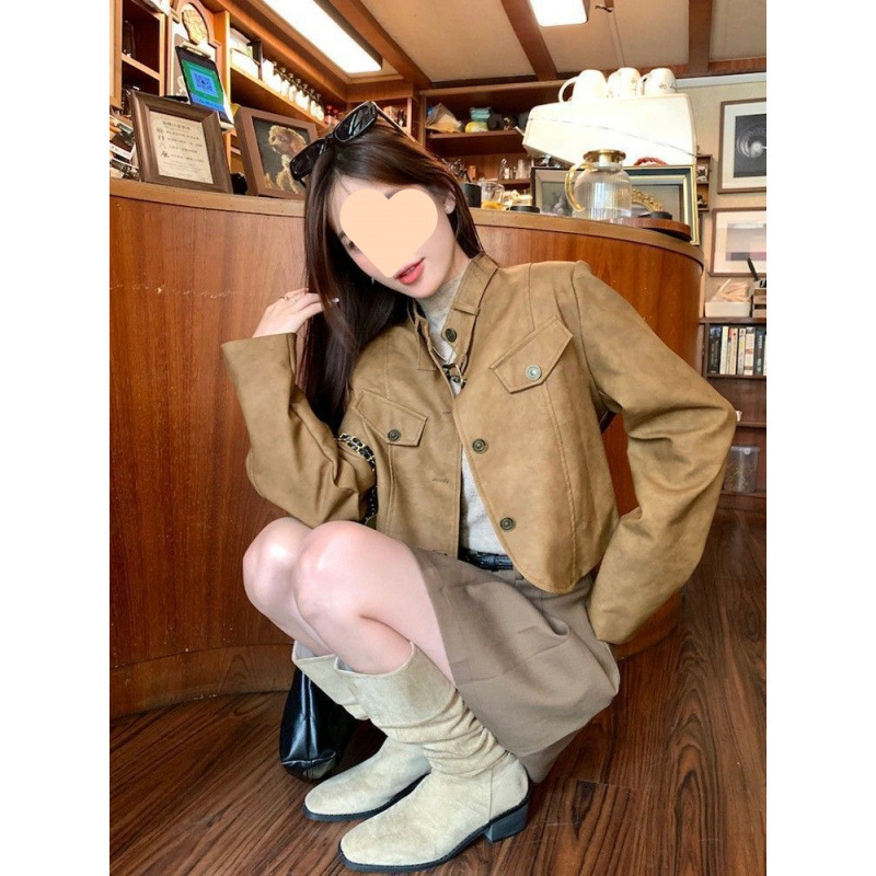 美拉德咖色复古皮衣春秋小个子美式夹克上衣外套百褶短裙两件套女|undefined