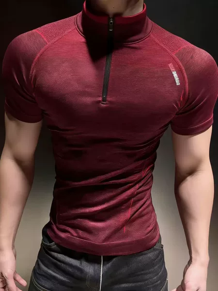 Trendy New American-Style Half-Zip Fitness Short-Sleeve Men's Sports Outdoor Seamless Jacquard Sports Men's T-Shirt