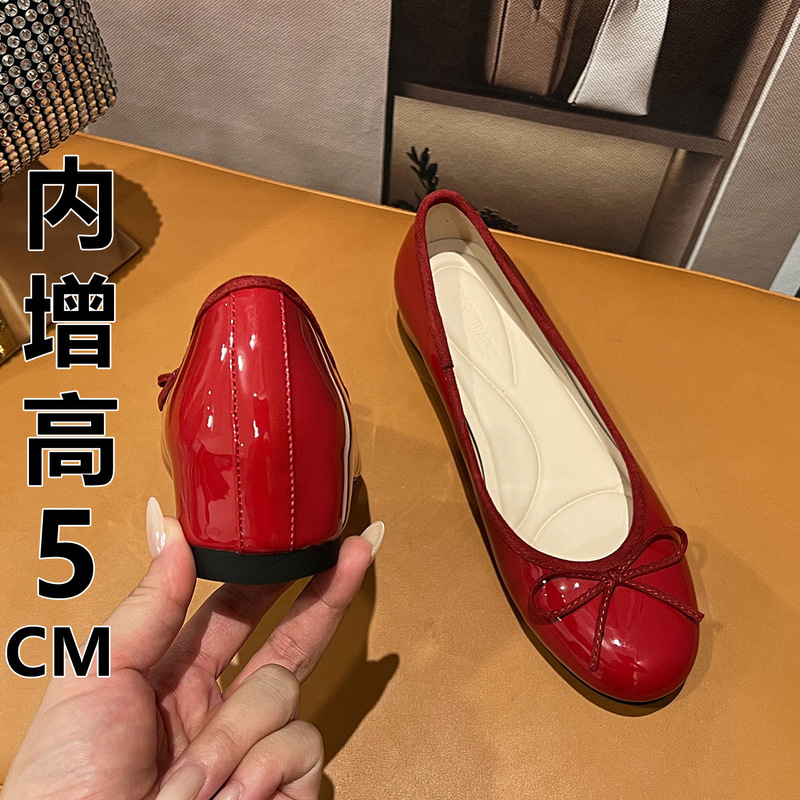 Leather version ~5CM slip-on shallow round-toe bow princess style height-increasing mid-heel women's ballet shoes Leather version ~5CM slip-on shallow round-toe bow princess style height-increasing mid-heel women's ballet shoes
