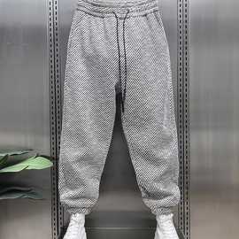 设计感花纹休闲裤男春秋季松紧腰修身运动卫裤男士百搭束脚哈伦裤