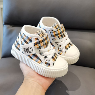 2023 autumn high-top Plaid canvas shoes sneakers kindergarten boys and girls baby shoes little children's shoes board shoes casual