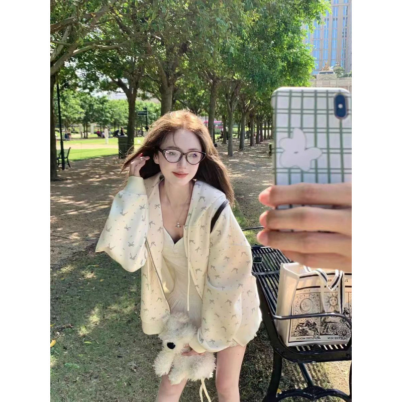 可爱蝴蝶结碎花连帽开衫卫衣女2025秋冬新款奶fufu百搭加绒外套|undefined