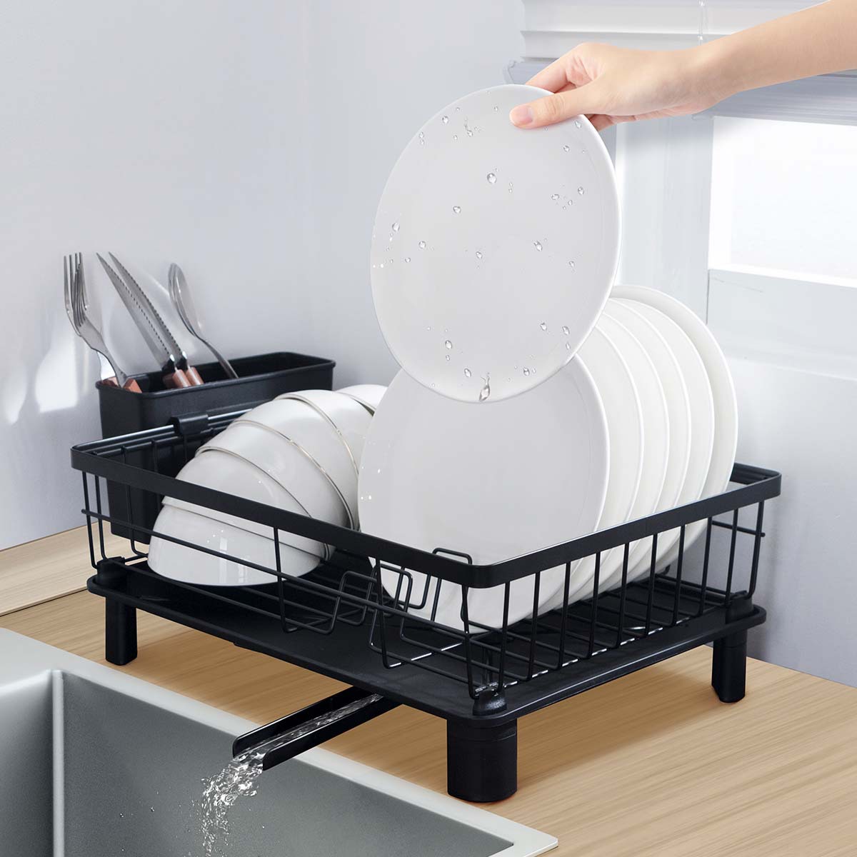 Rejilla de drenaje de platos negros transfronterizos con tubo de cuchillo y tenedor, mesa de cocina, estante para platos de una sola capa, estante para fregadero de vajilla