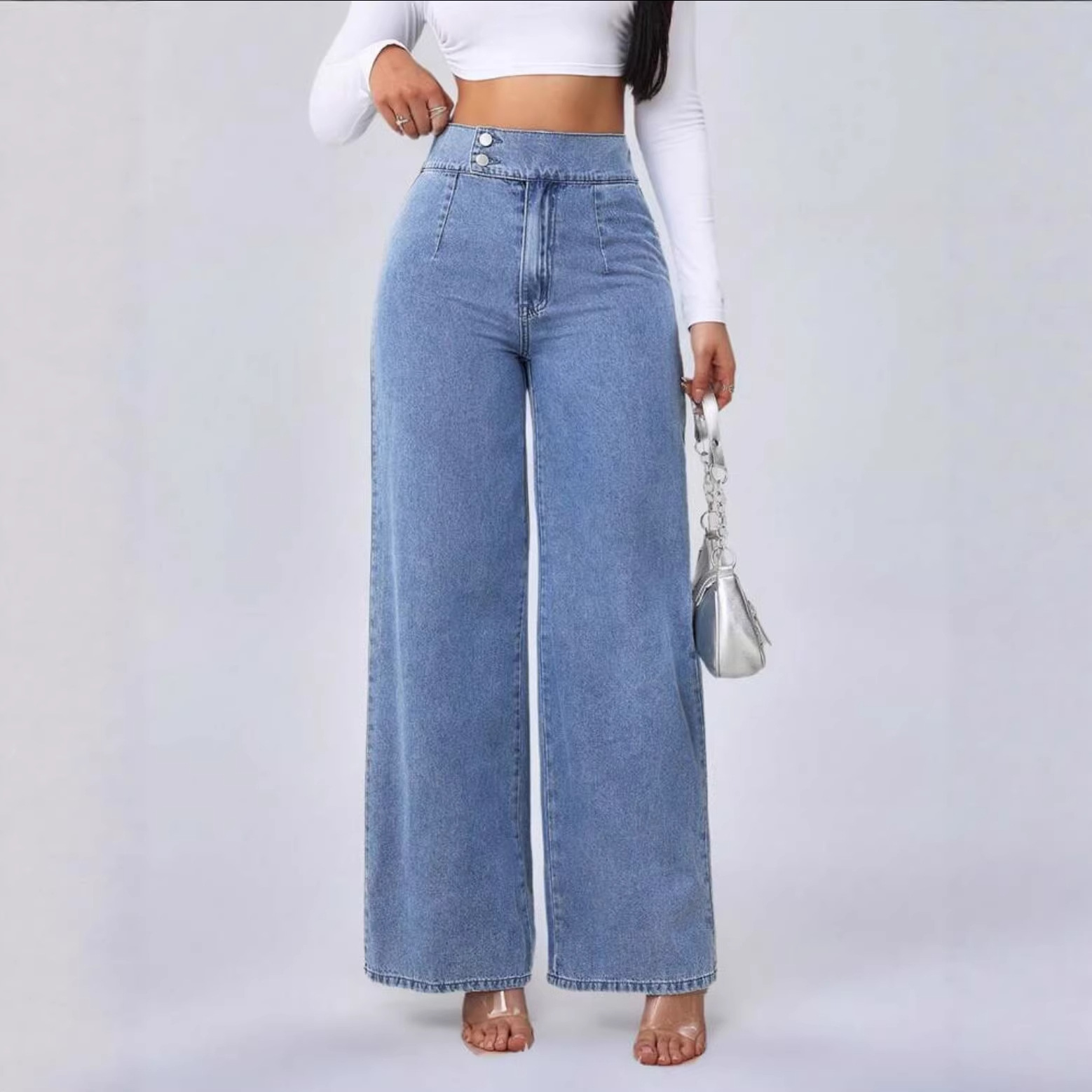 High-Waisted Straight Leg Jeans For Women – Classic Blue Denim Pants With Double Button Detail (Dark Blue/Light Blue, S-XXL)_voghion.com