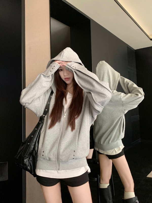 美式辣妹设计感铆钉连帽卫衣外套女装秋季慵懒宽松灰色开衫上衣潮|undefined