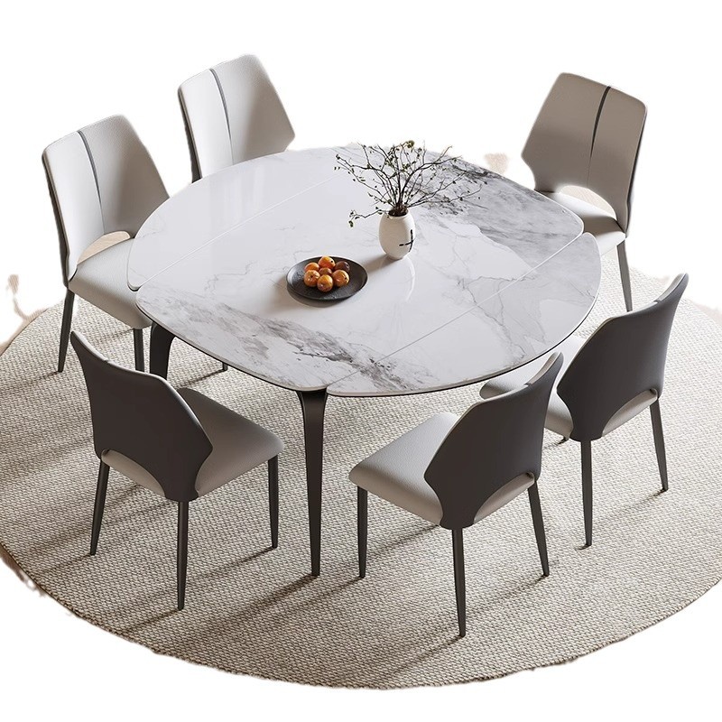 Mesa de comedor de tabla de roca retráctil de lujo ligera para hogares pequeños, simple y redonda, mesa de comedor plegable y silla combinada redonda