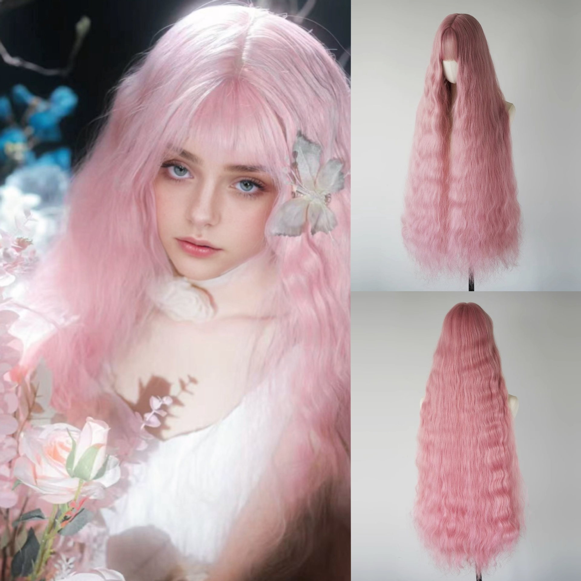 100CM pink Qi Bangs Long Curly Hair One Meter Lengthened Mori Lolita Lolita cos Full Head Wig