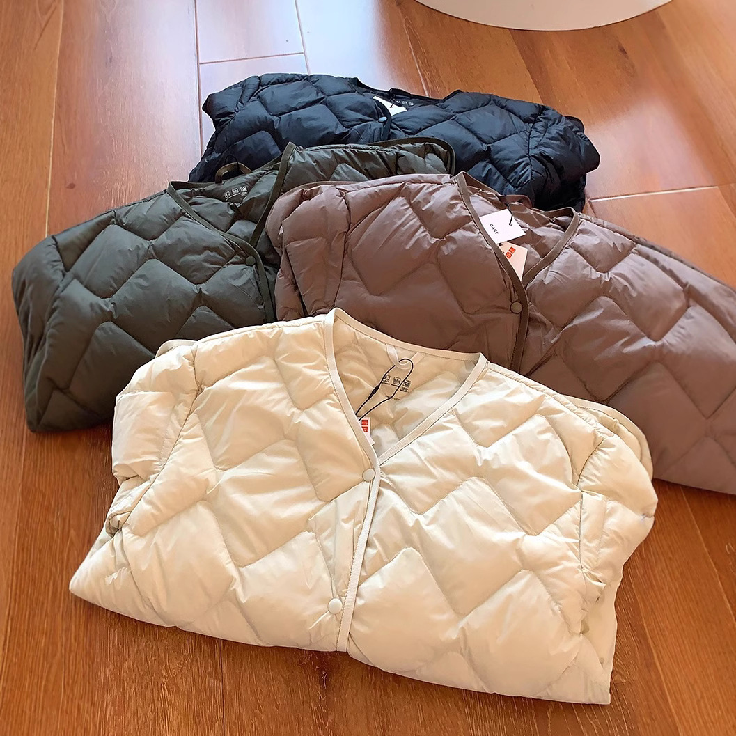 품질은 절대적으로 독특합니다! 여성을위한 간단한 높은 JI 빛 따뜻한 다목적 V-Neck Rhomboid 다운 재킷