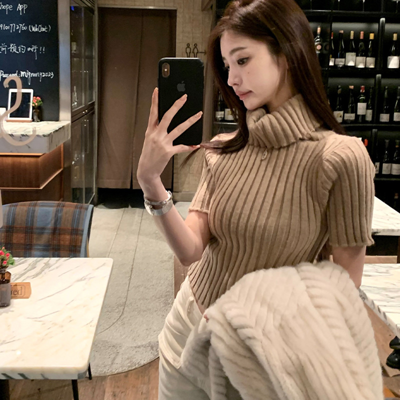 气质慵懒风高领开叉折叠领短款修身上衣纯色性感辣妹显瘦外穿短袖