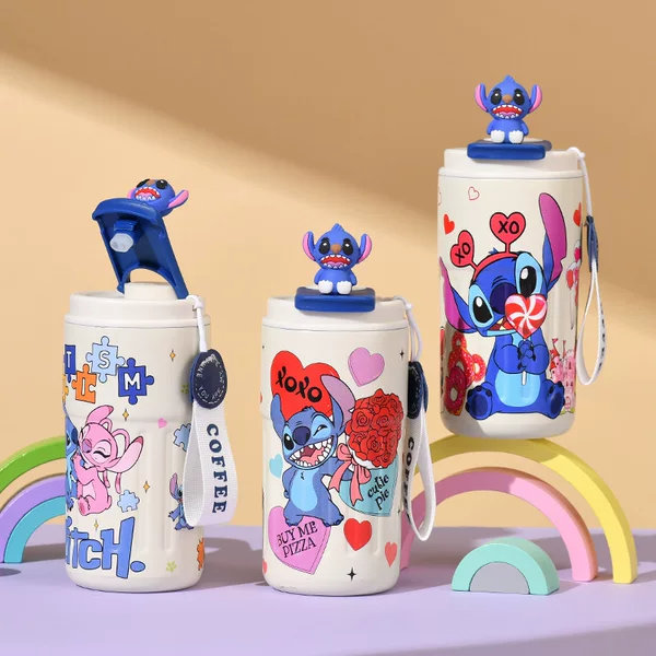 Cross-Border Popular Cartoon Stitch Doll Pattern Coffee Cup Straw Cup Stainless Steel Thermos Cup High-Value Water Cup