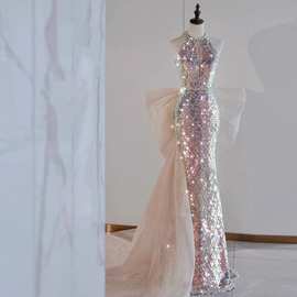 挂脖亮片晚礼服女名媛收腰鱼尾年会主持人鱼姬轻奢小众新娘敬酒服