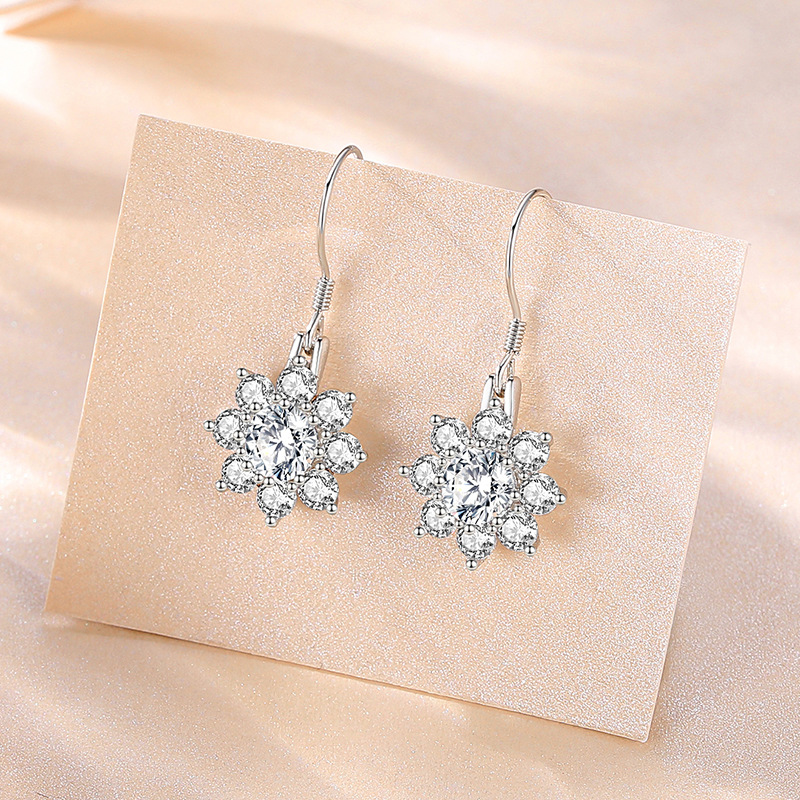 Plata esterlina s925 pendientes populares Corea del Sur copo de nieve pendientes largos elegantes Internet celebridad hielo flor moda completo diamante nuevo