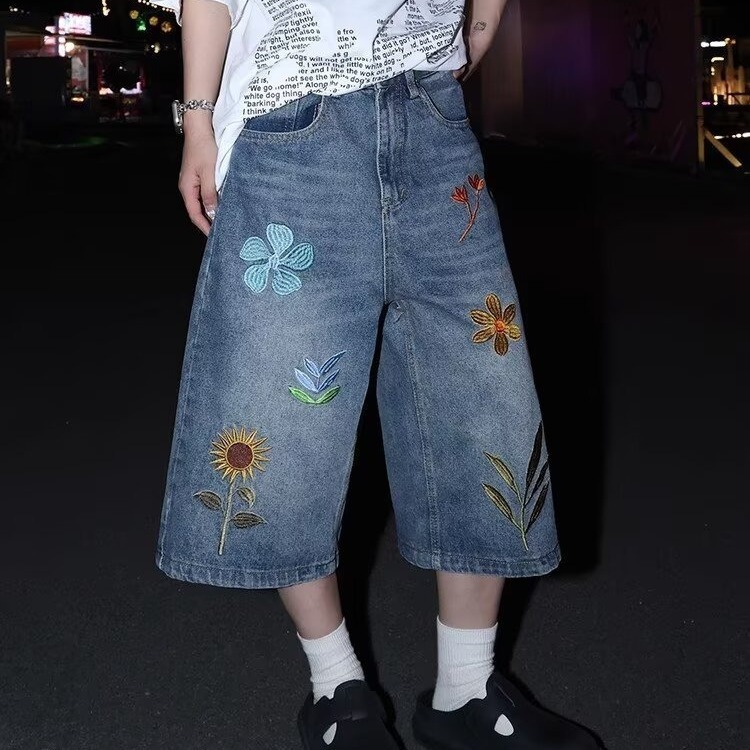 American Floral Embroidery Design Three-Quarter Denim Shorts Men's Summer Trendy Brand Loose Straight Casual Couple Pants