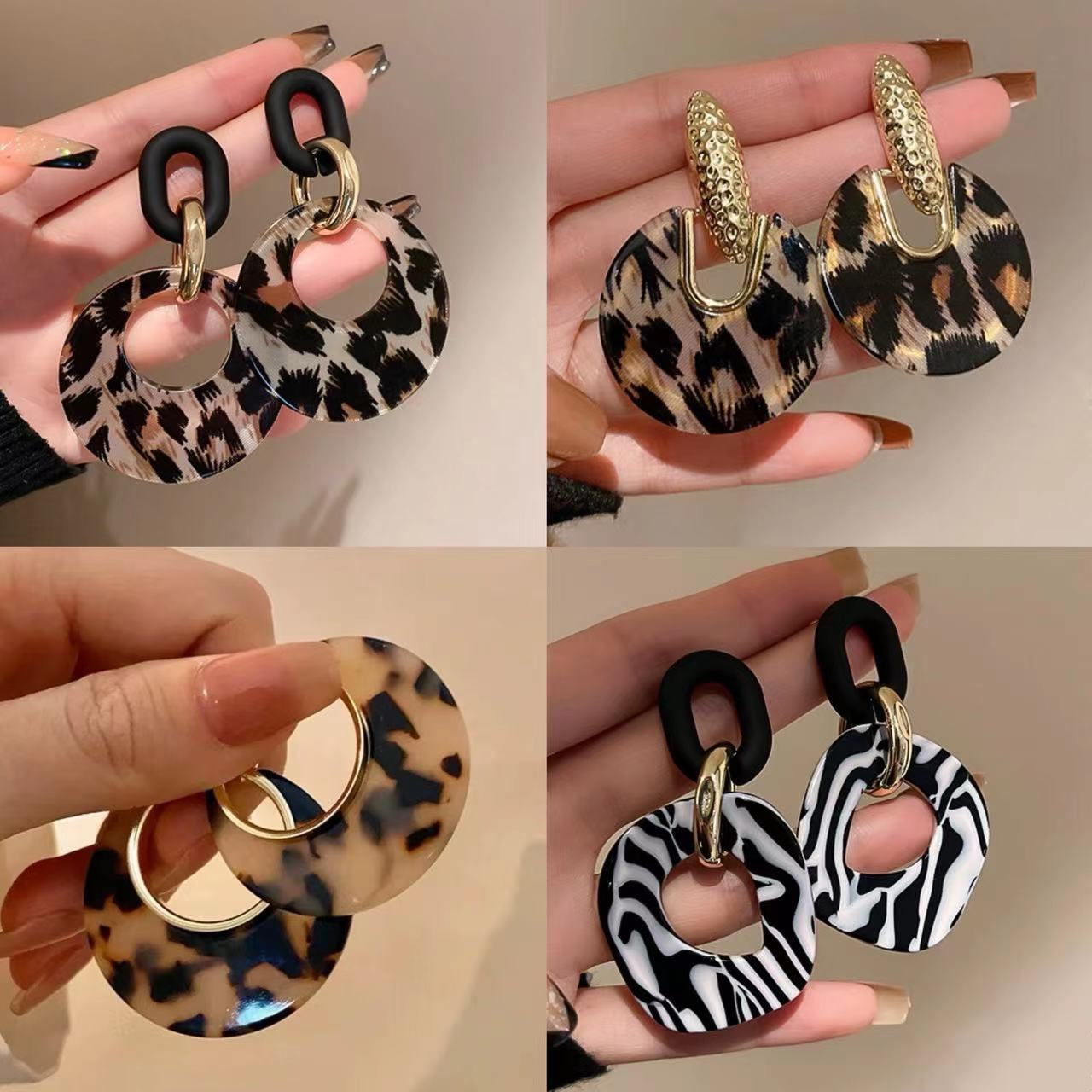 真金电镀银针豹纹星星圆圈耳环欧美潮流设计感耳坠气质氛围感耳饰详情2