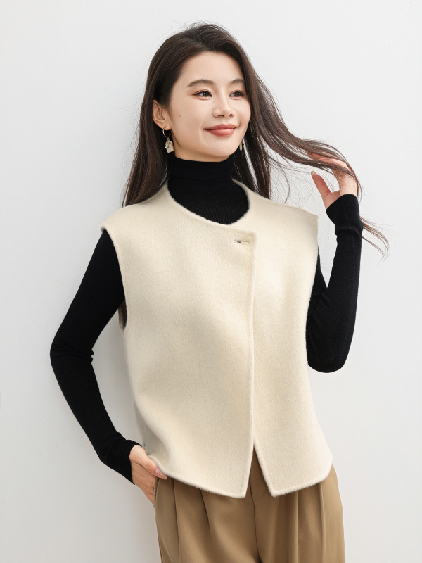 通勤灰色斜门襟圆领羊毛马甲女2025春秋季新款时尚洋气呢子坎肩女|undefined