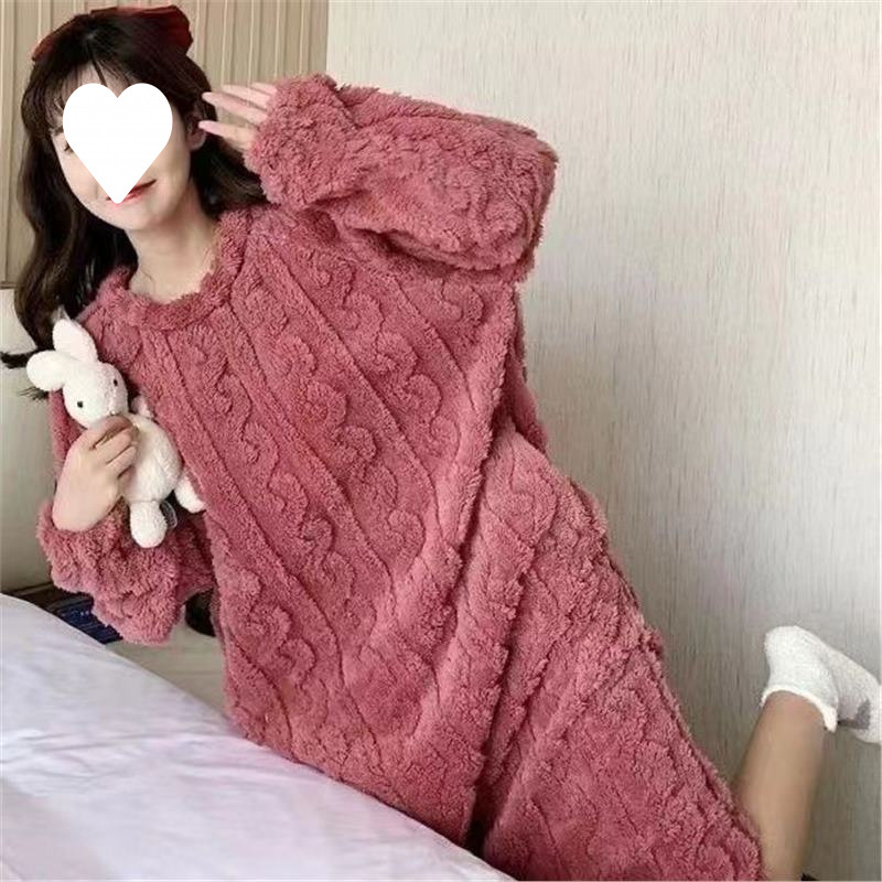 孕妇睡衣秋冬睡裙女士长袖保暖过膝加绒加厚法兰绒过膝大码家居服