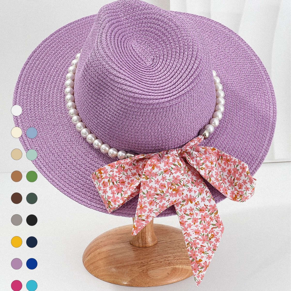 Women's Neutral Elegant Beach Straw Hat With Handmade Pearl Floral Bow Accessories, Panama Style, Wedding Gift_voghion.com