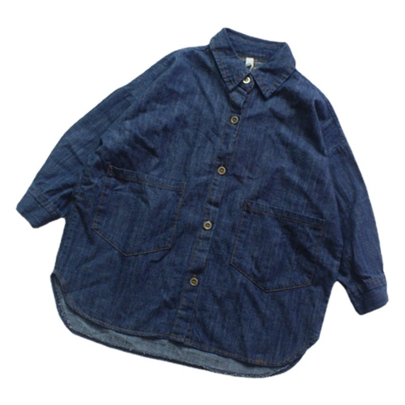 Новые детские рубашки, осенние джинсовые кардиганы для мальчиков, свободные рубашки средней длины в корейском стиле для девочек, универсальные рубашки с отложным воротником оптом